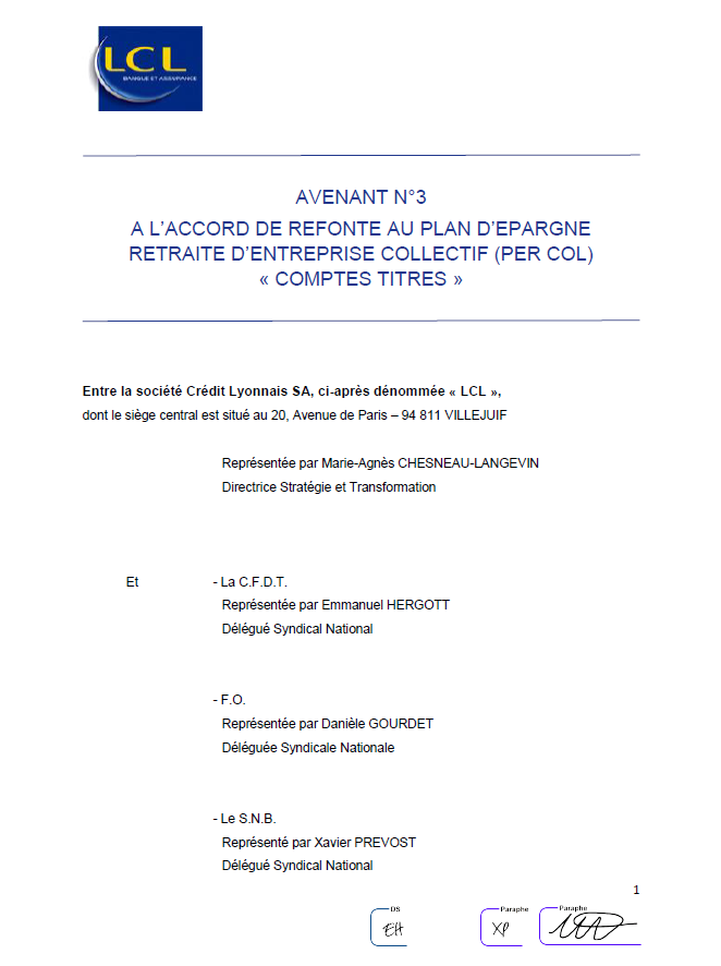 AVENANT N°3 A L’ACCORD DE REFONTE AU PLAN D’EPARGNE RETRAITE D’ENTREPRISE COLLECTIF (PER COL) « COMPTES TITRES »