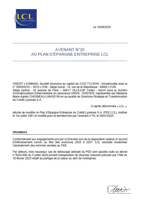 AVENANT n°20 au Plan d'Epargne Entreprise LCL