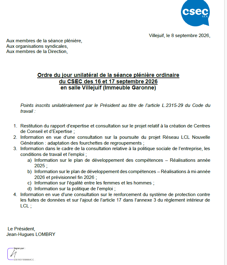ODJ CSEC du 16 et 17 septembre 2026