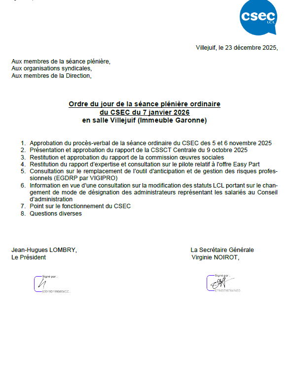 ODJ CSEC du 07/01/2026