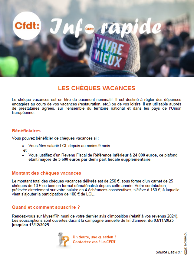 Info rapide " Ch&egrave;ques vacances "